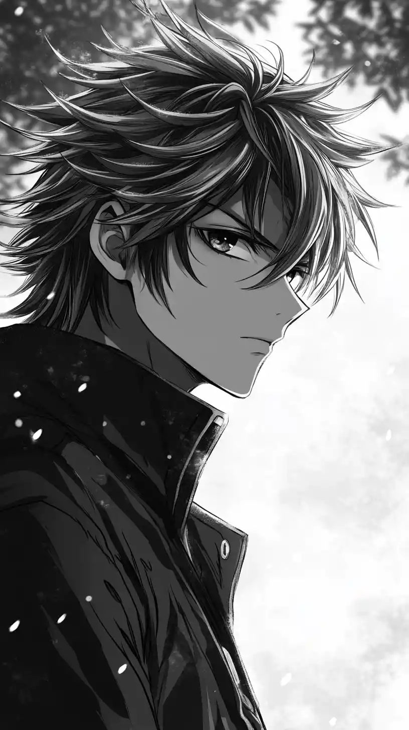Brooding anime man in snow with dramatic backlight