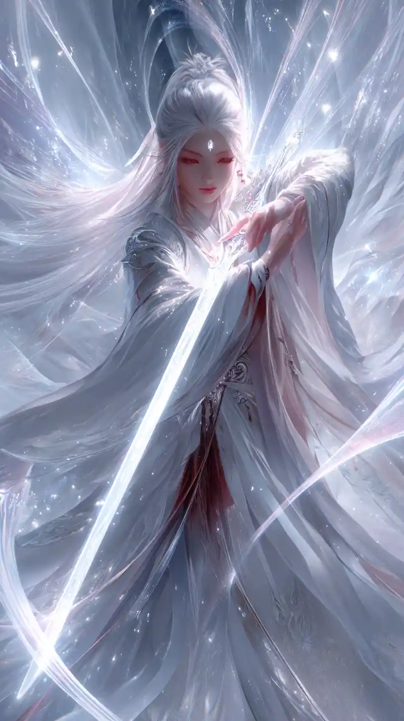 Celestial warrior woman with glowing ethereal sword