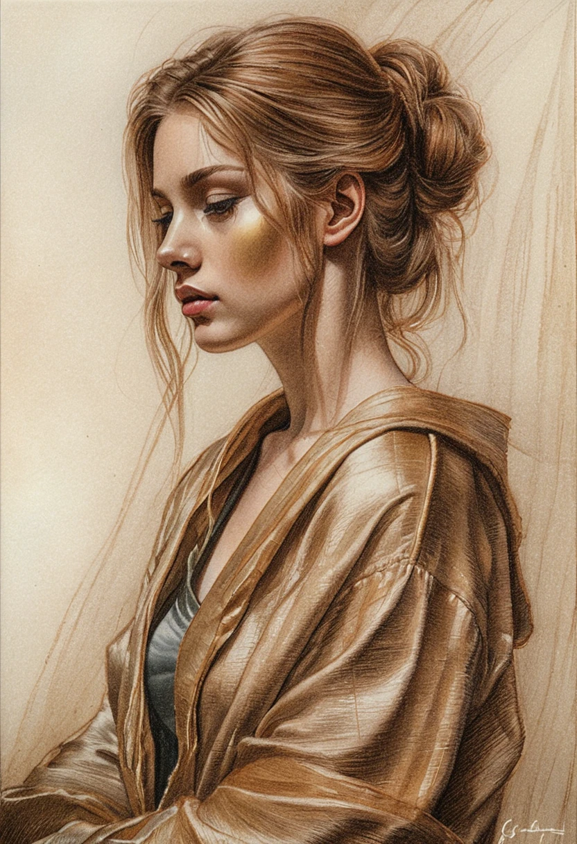 Melancholic pencil portrait of a young woman in profile