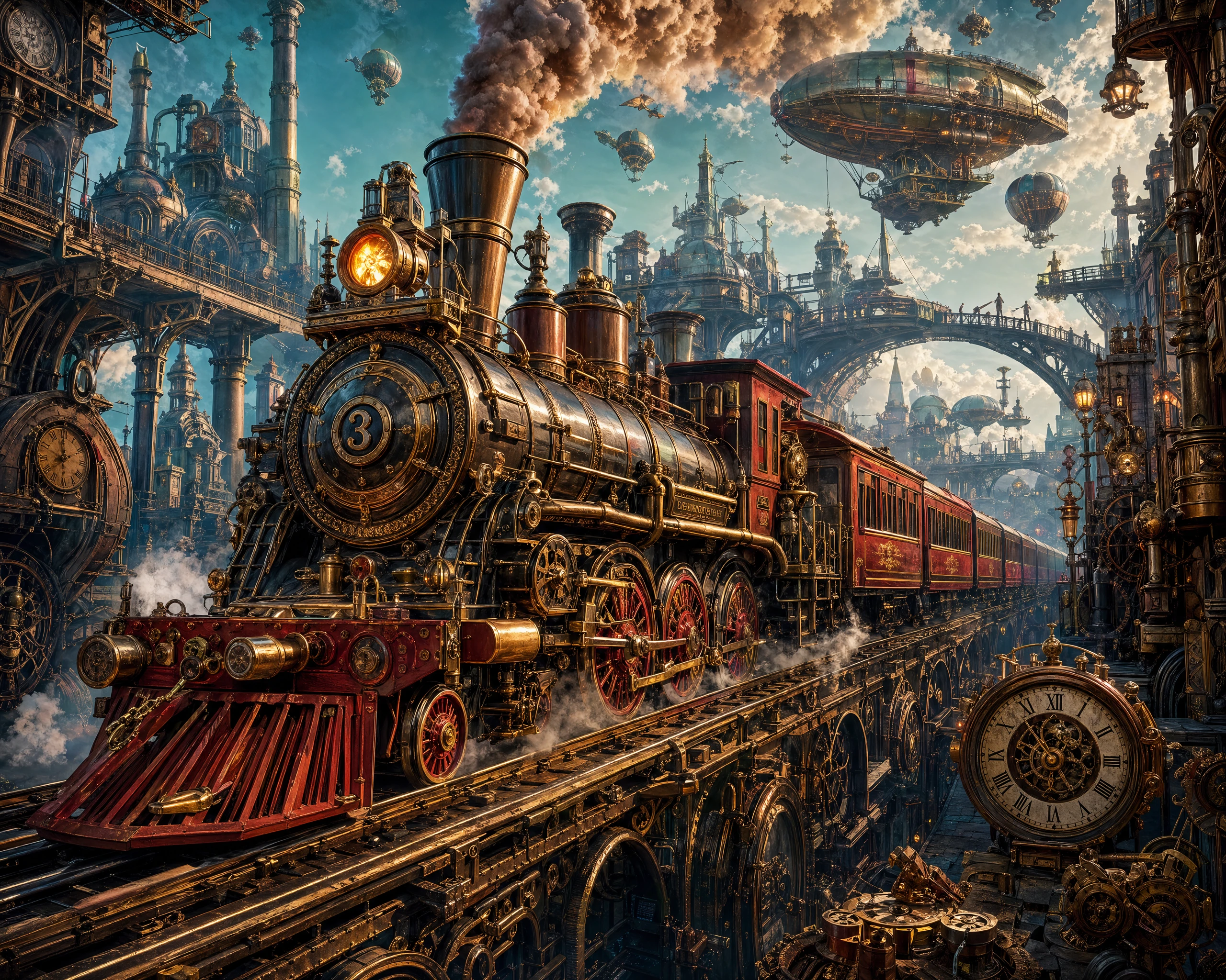 Steampunk train rushing through a fantastical industrial world