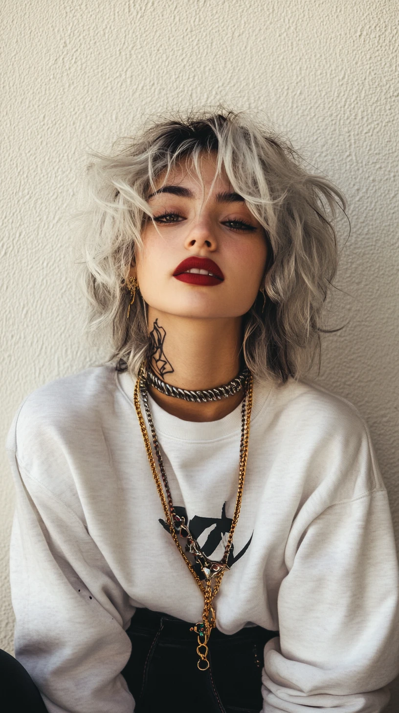 Donna androgina in stile anime con streetwear audace e occhiali gialli