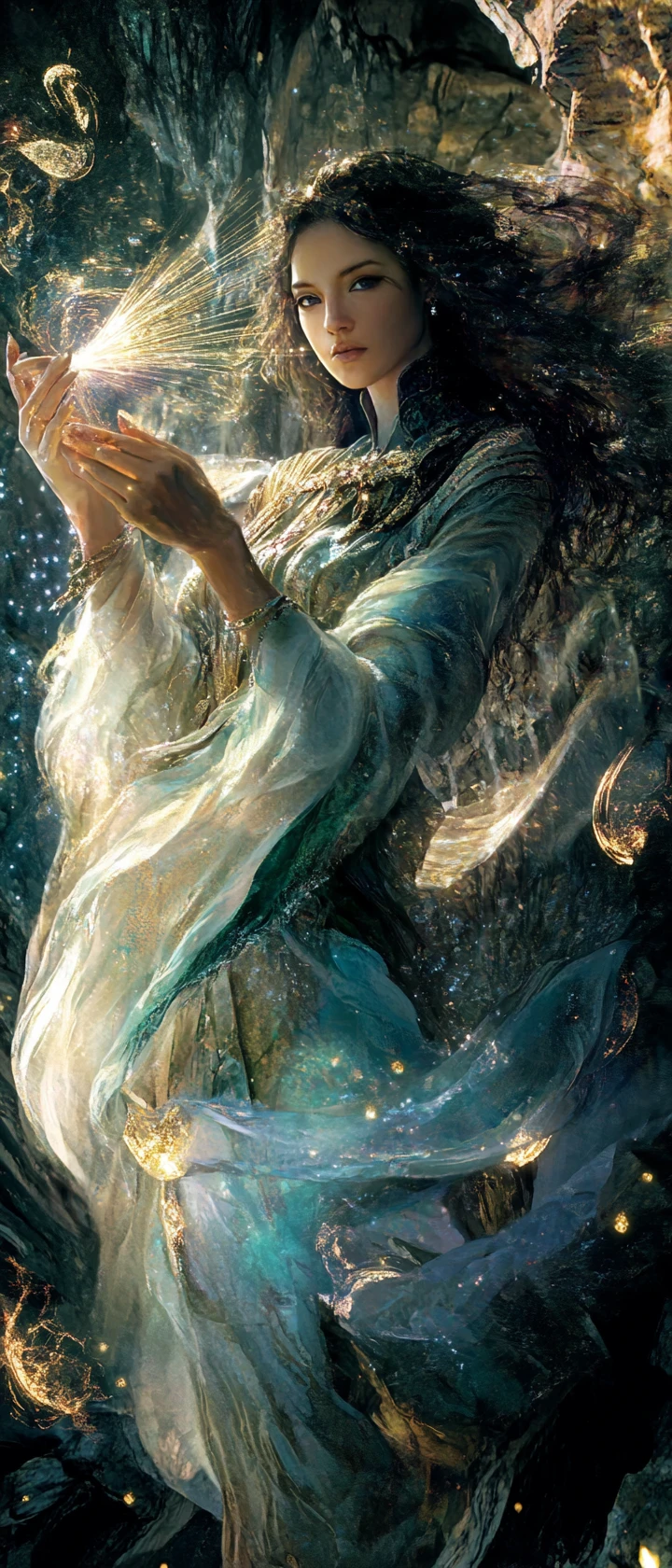 Ancient silk weaver spinning glowing celestial tapestry