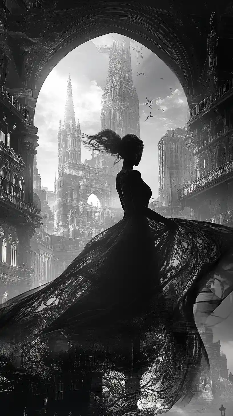 Mystical woman fused with gothic city in double exposure