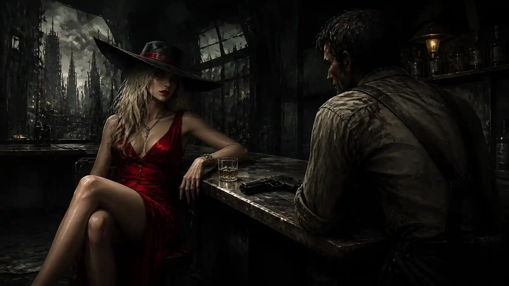 Mysterious blond woman in red dress at a gritty bar