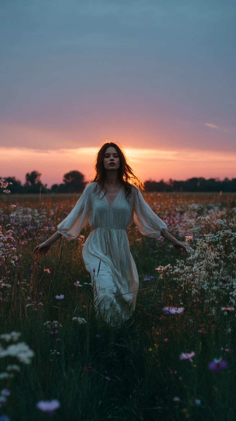 Woman walking through wildflower field at dusk in backlight