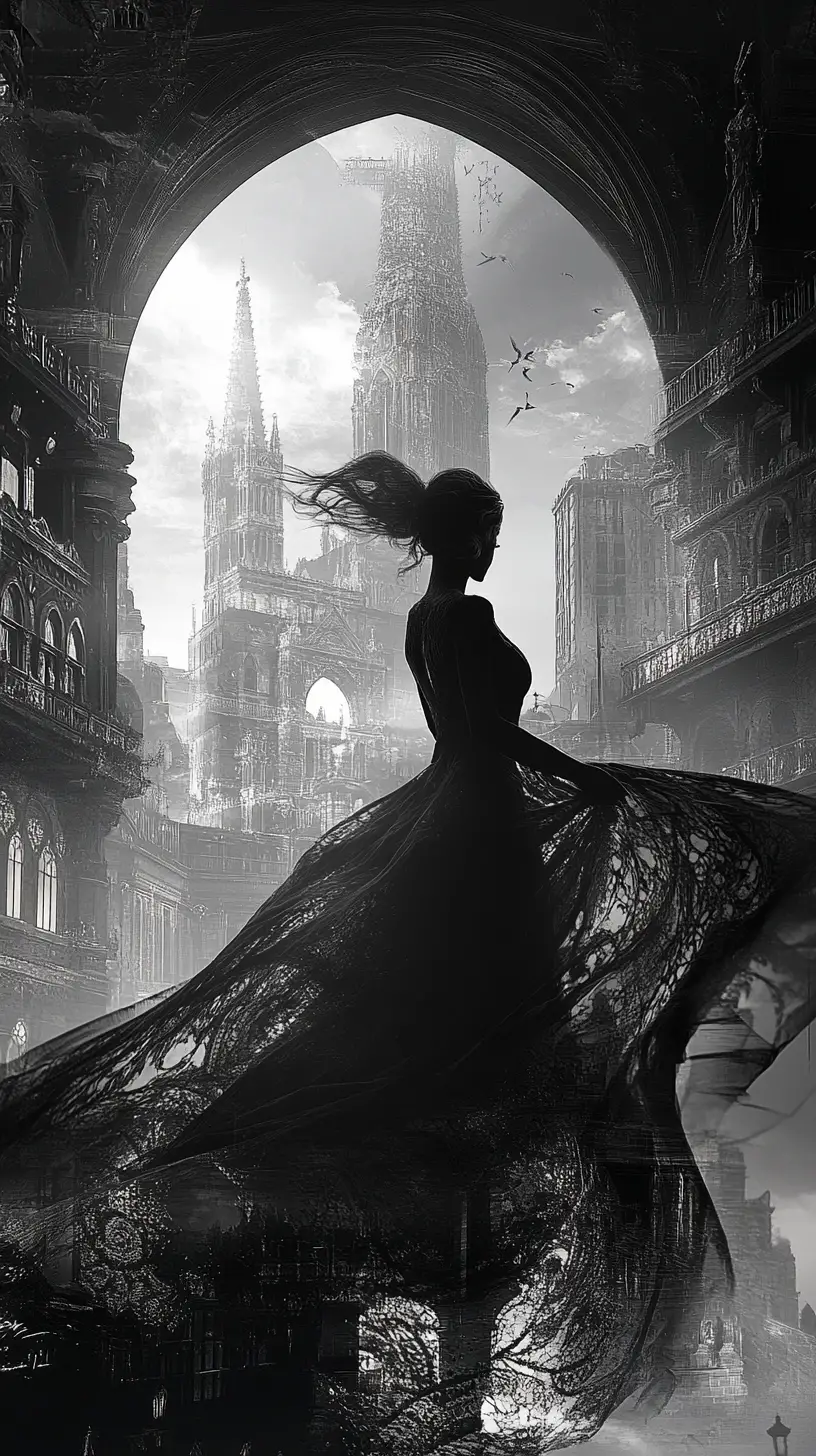 Mystical woman fused with gothic city in double exposure