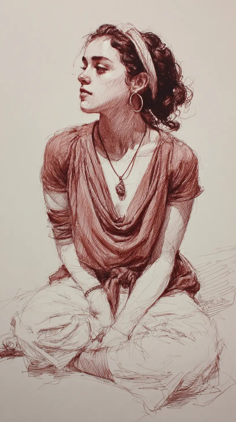 Figure drawing of a seated young woman in relaxed pose