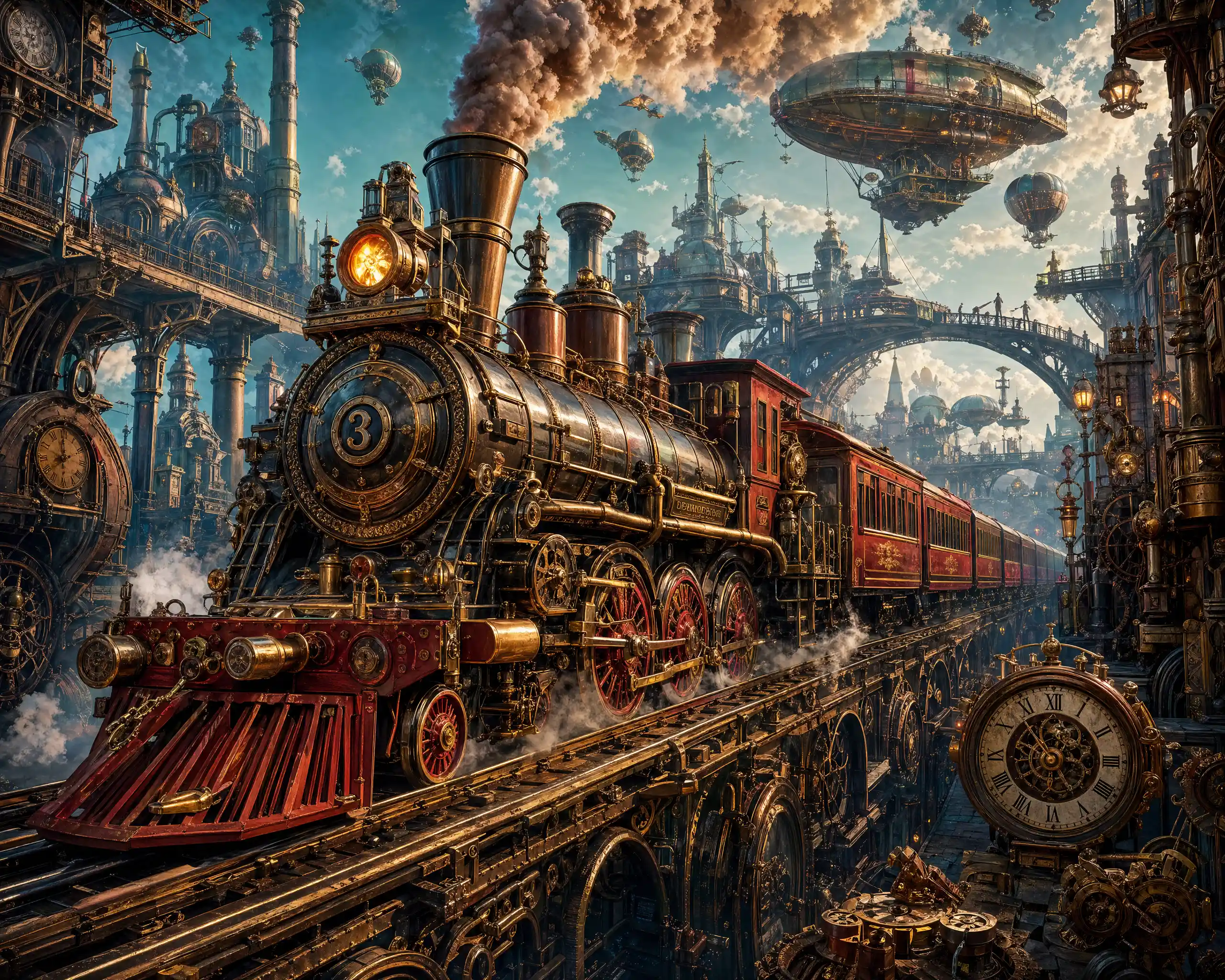 Steampunk train rushing through a fantastical industrial world