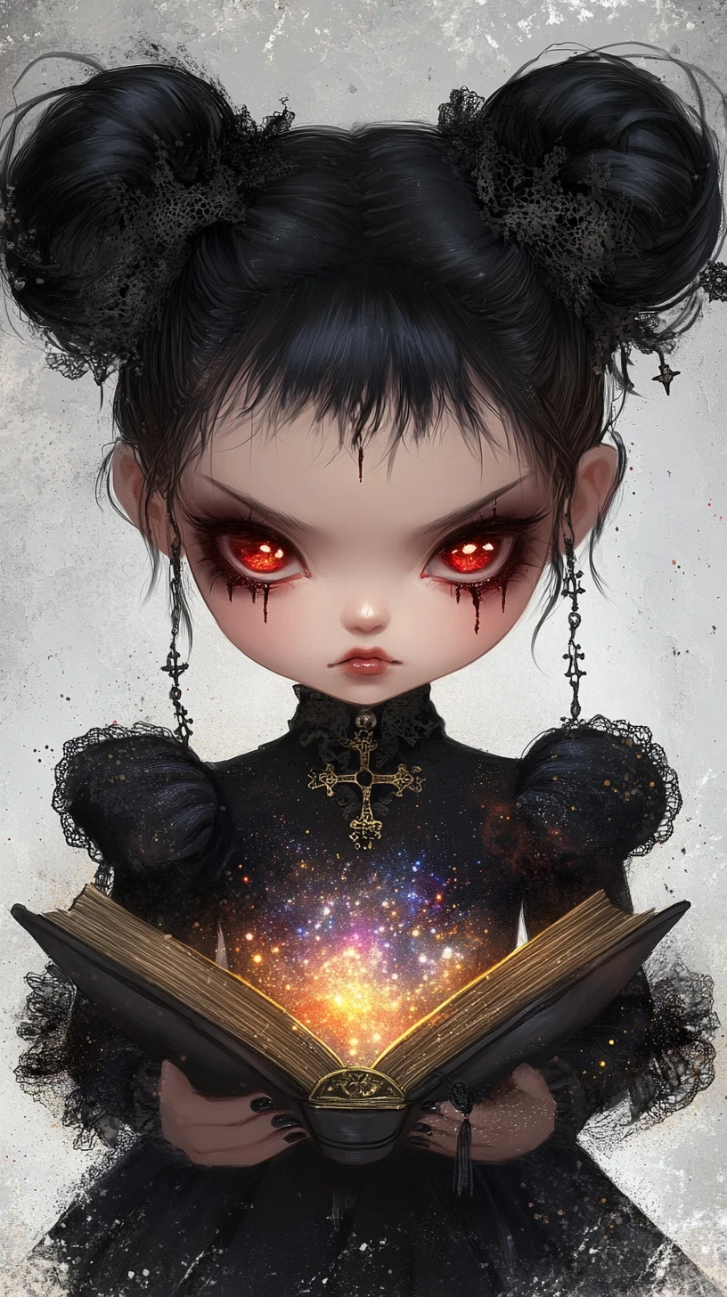 Chibi gothic girl with cosmic book and haunting gaze