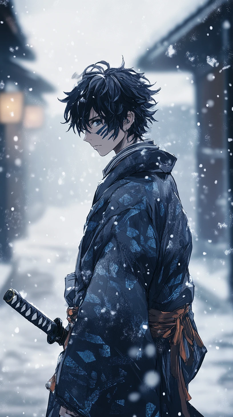 Anime swordsman in falling snow with somber profile