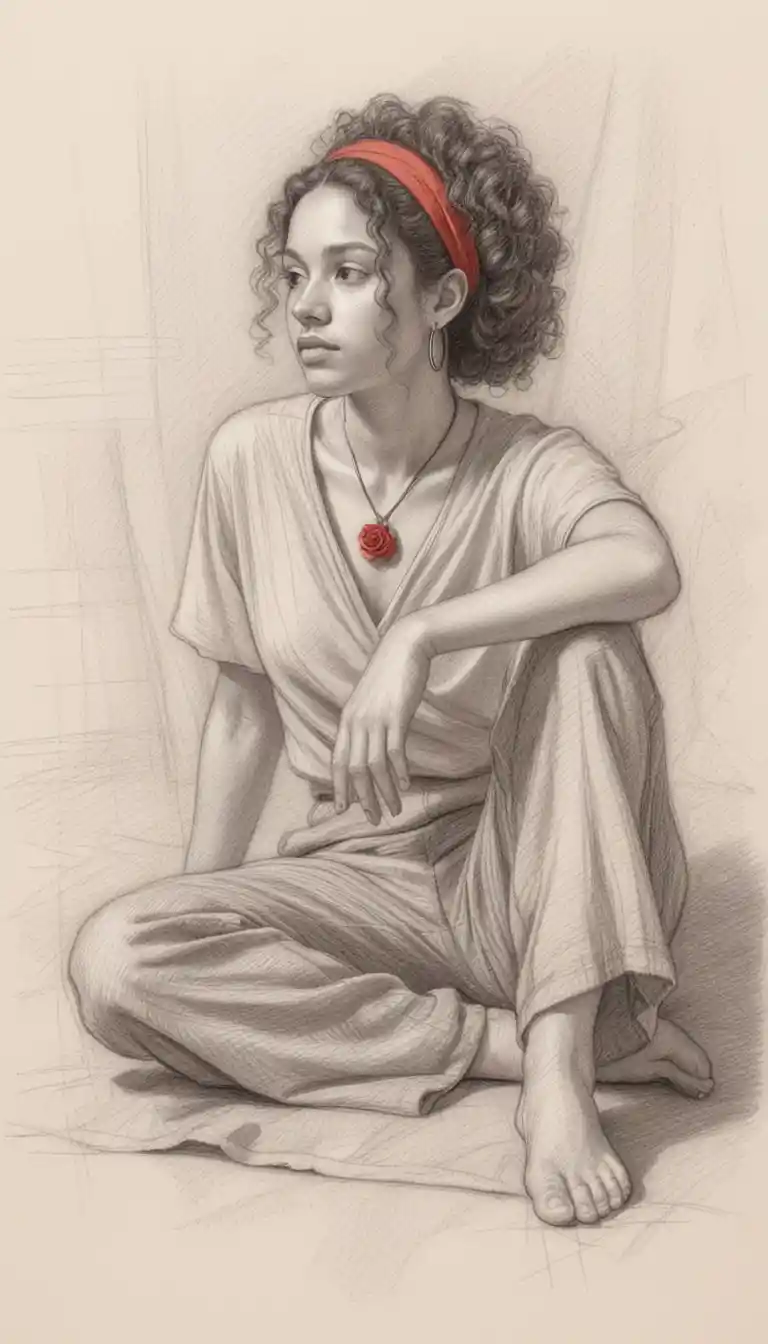 Figure drawing of a seated young woman in contemplative pose