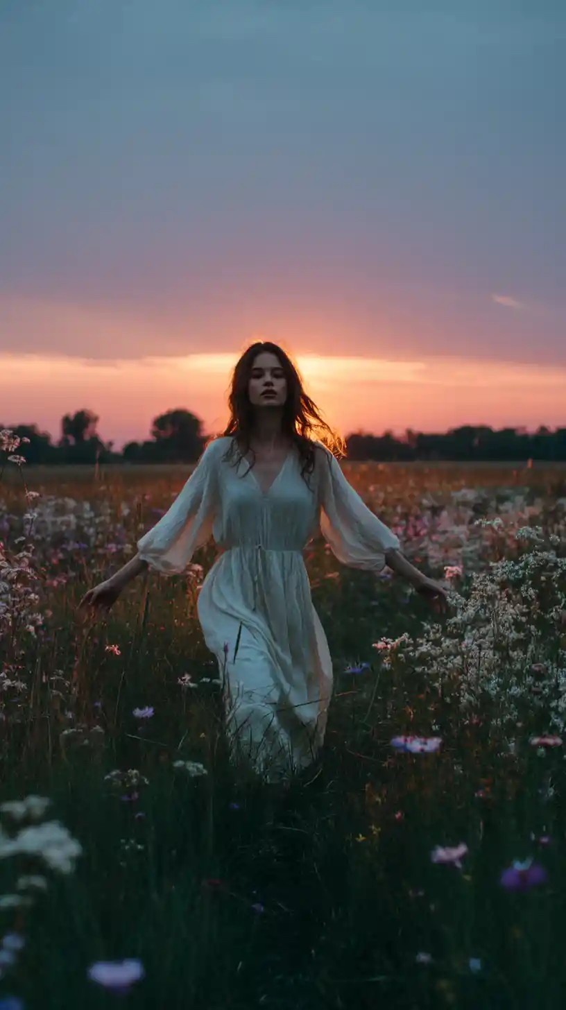 Woman walking through wildflower field at dusk in backlight