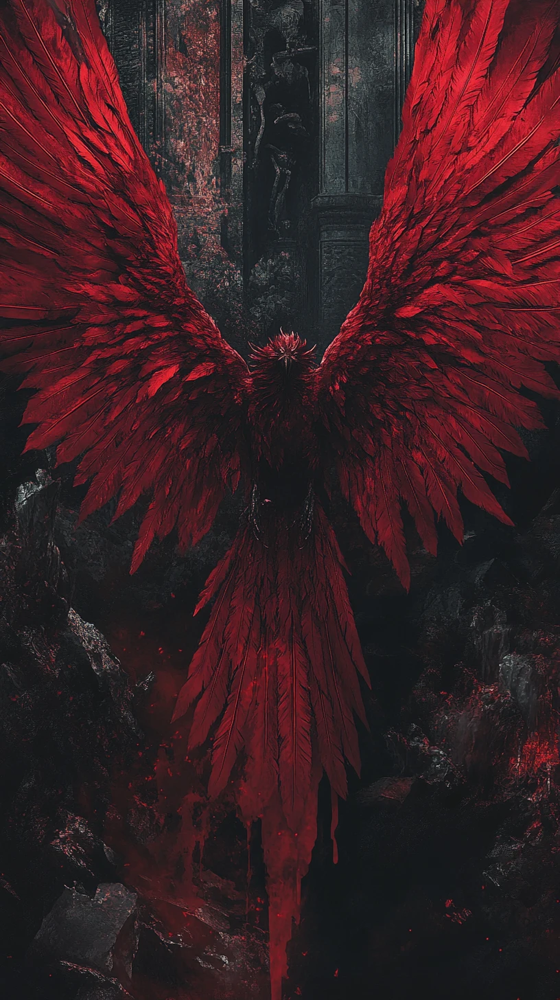 Angel with silent wings rising from the fiery hellscape