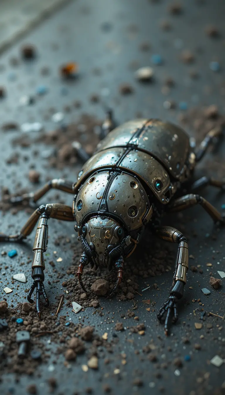 Crushed mechanical beetle scattered across a hard floor