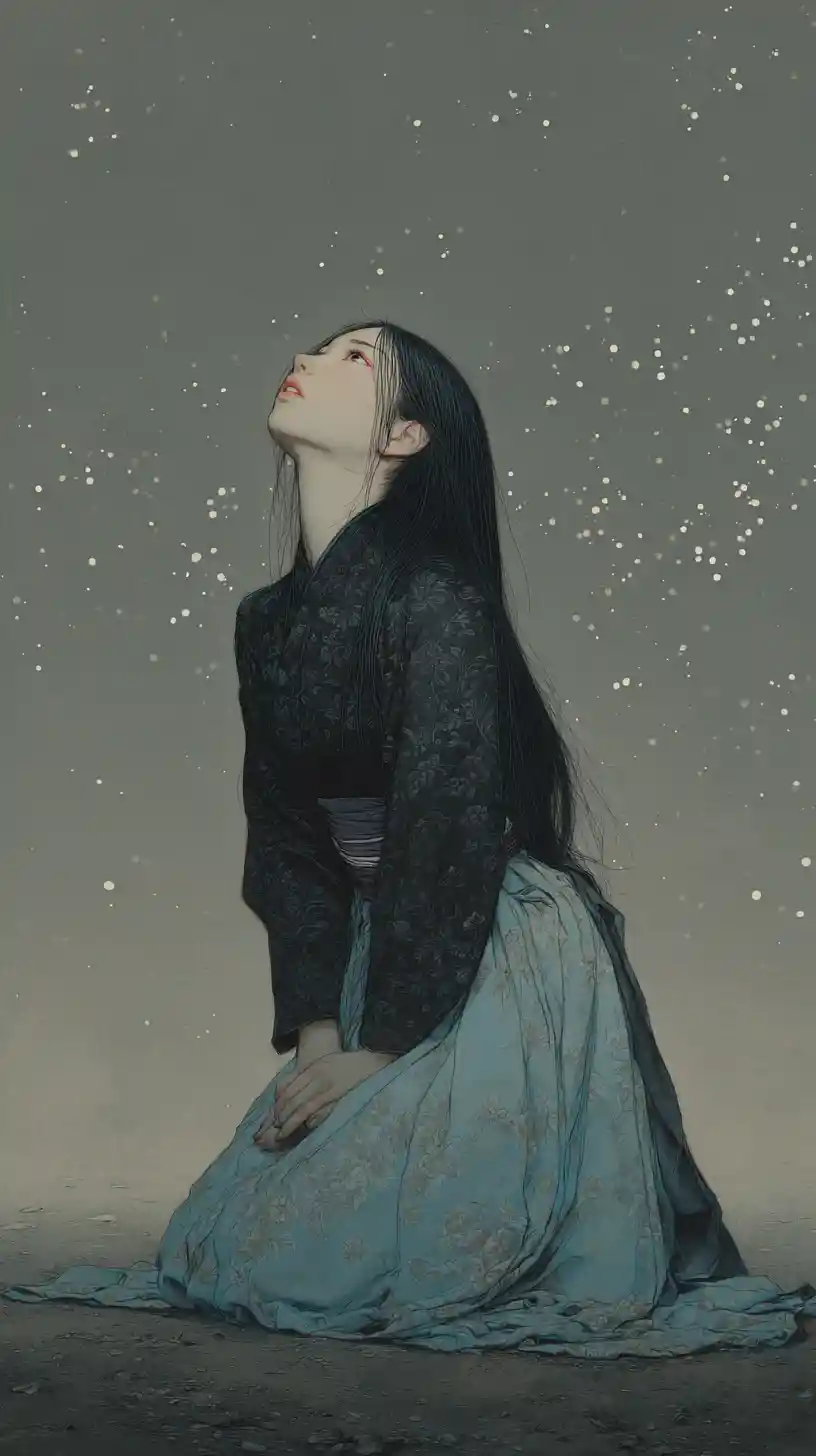 Young woman kneeling under soft light in gentle rain