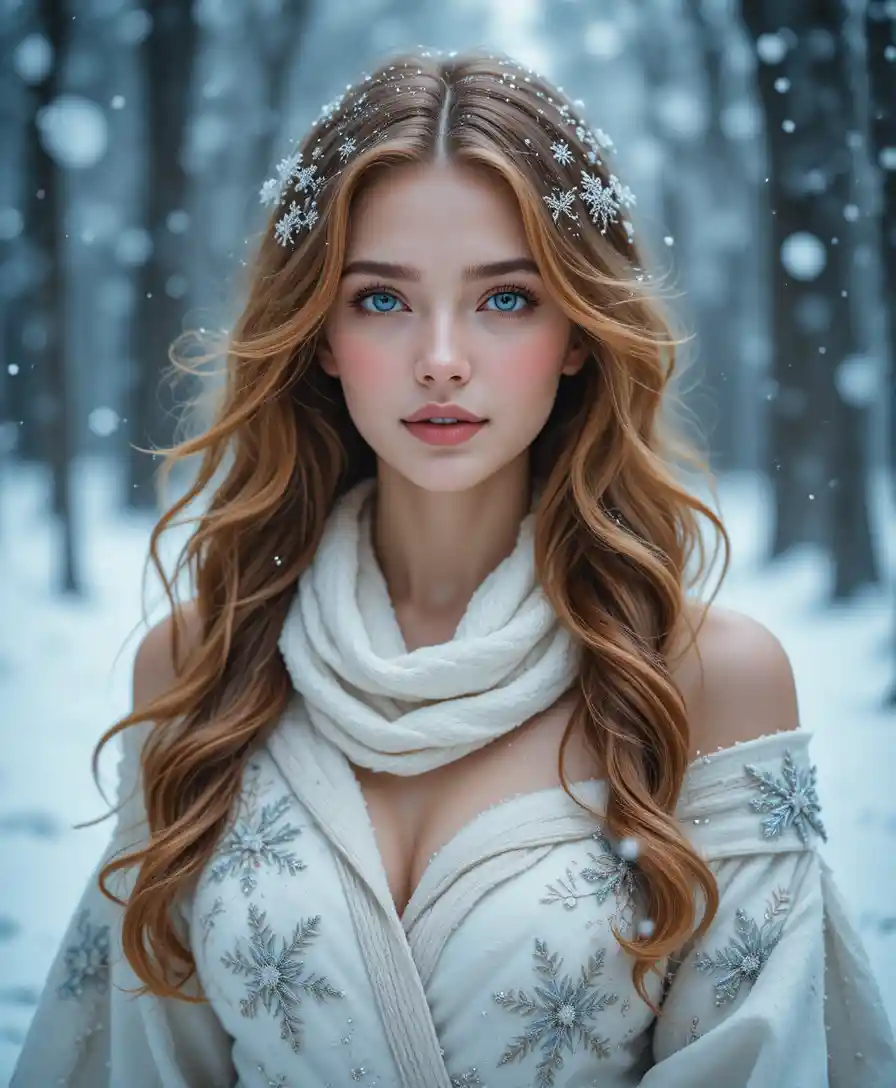 Elegant woman in white coat in a snowy forest