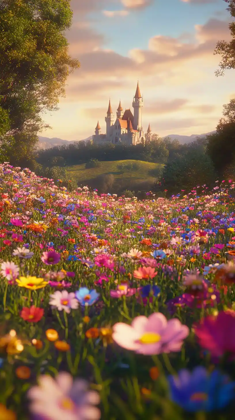 Blooming flower garden at sunset with distant castle view