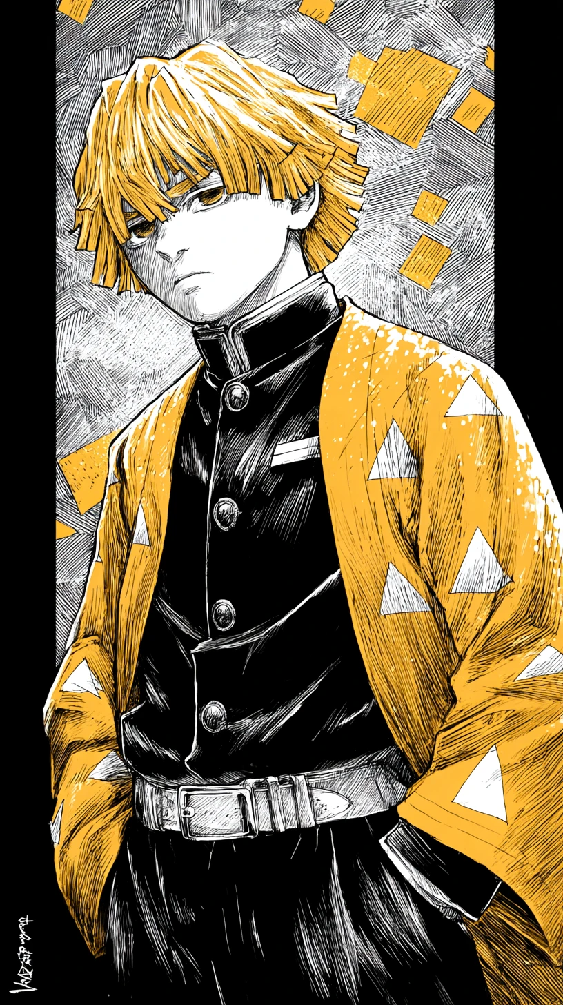 Intense anime swordsman in yellow haori with dramatic shadows