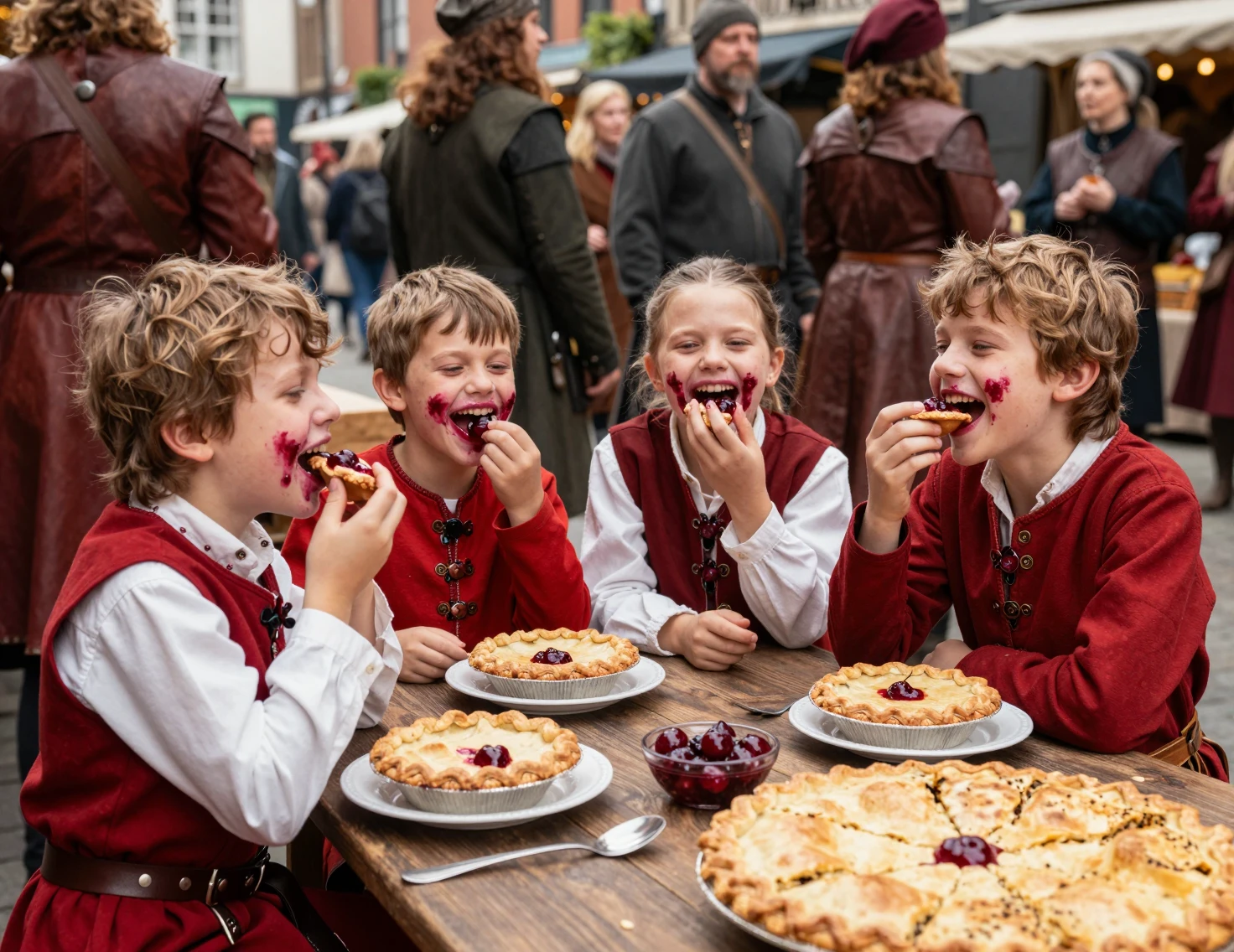 Laughing children in fantasy market eating cherry pies
