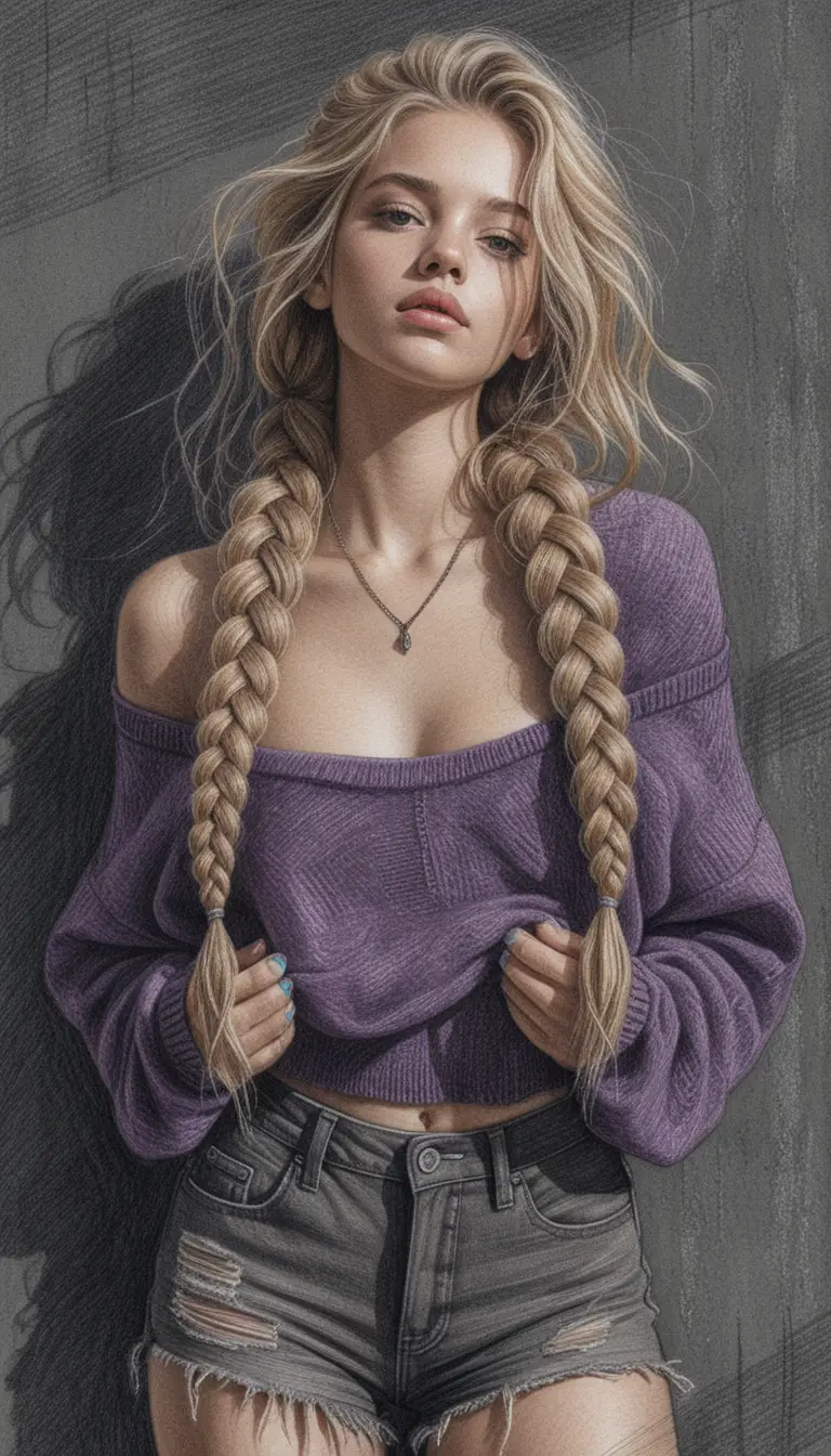 Moody portrait of a braided blonde woman in sweater and shorts