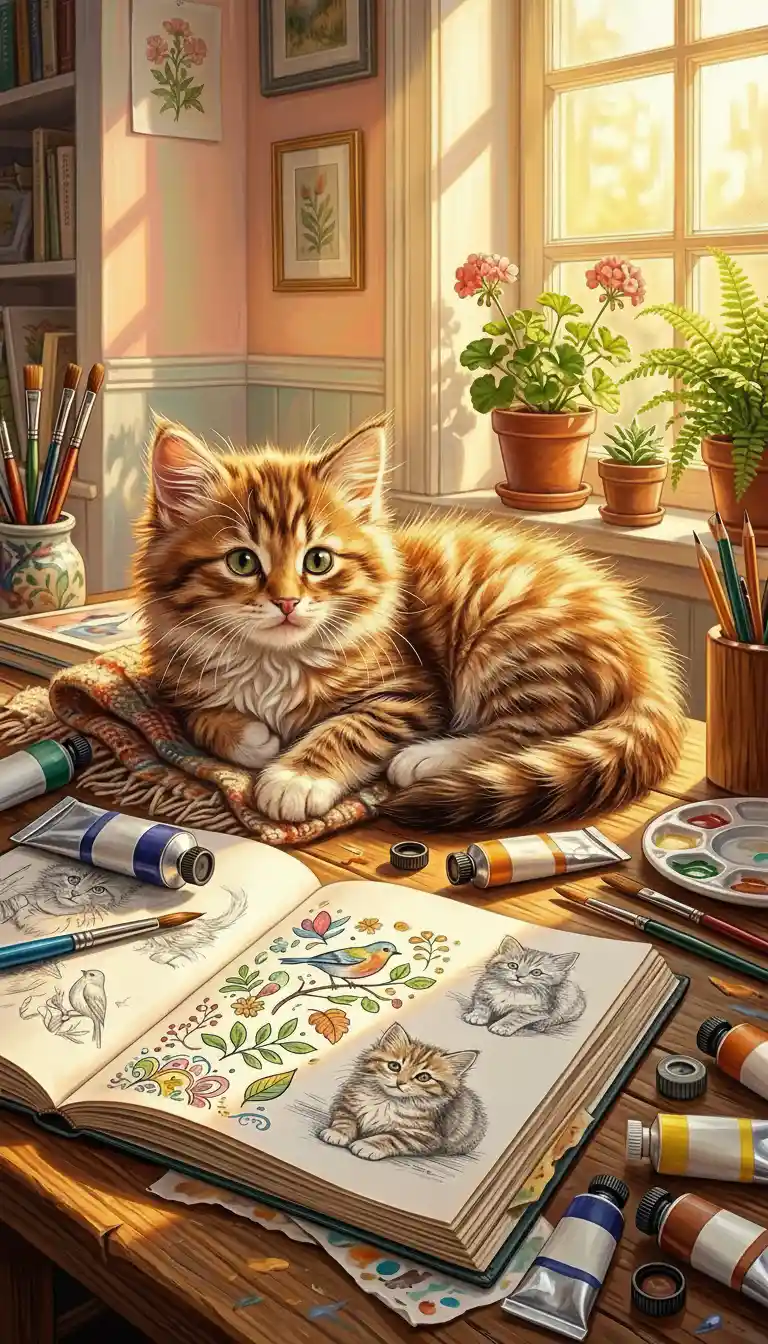 Gattino soffice che riposa al caldo sole sulla scrivania dell’artista