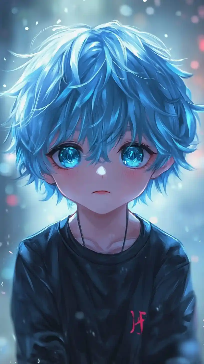 Cute chibi anime boy with dark blue hair in forest