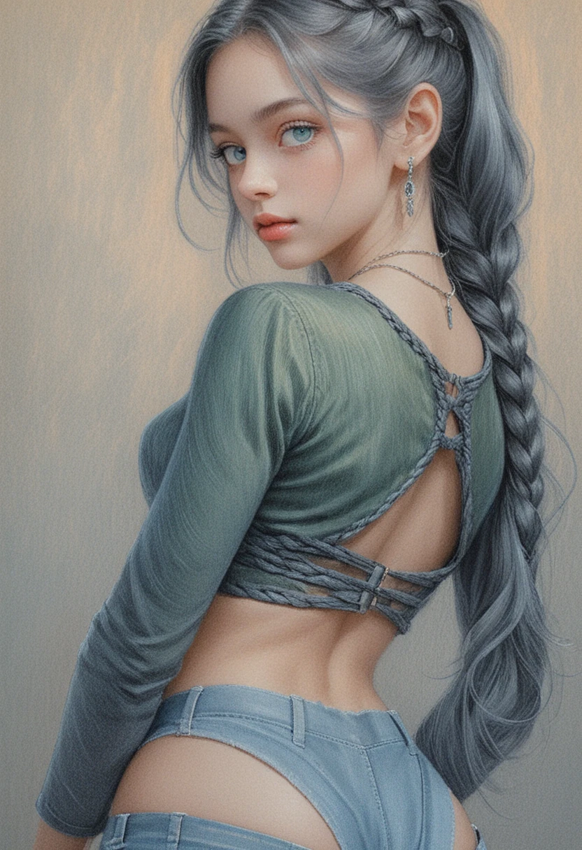 Young woman in braided ponytail fashion illustration portrait
