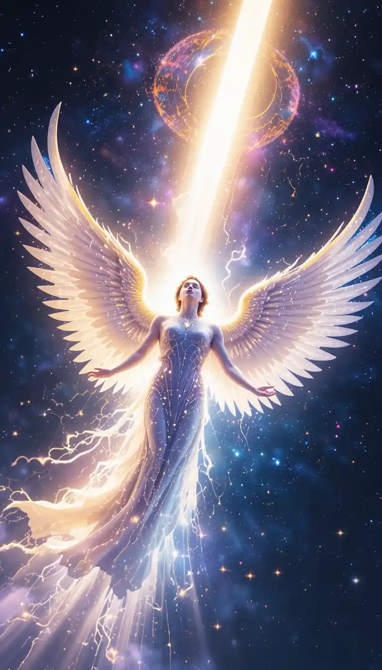 Angel of light soaring through the cosmos in radiant glory