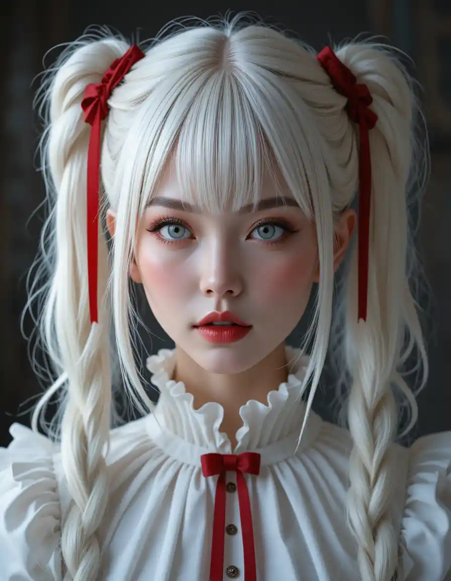 White haired girl with red ribbons in soft close portrait