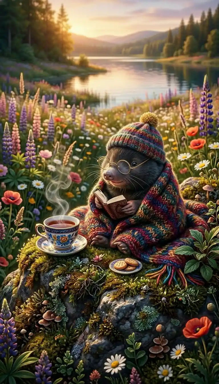 Cozy mole with tea on a mossy rock at lakeside meadow