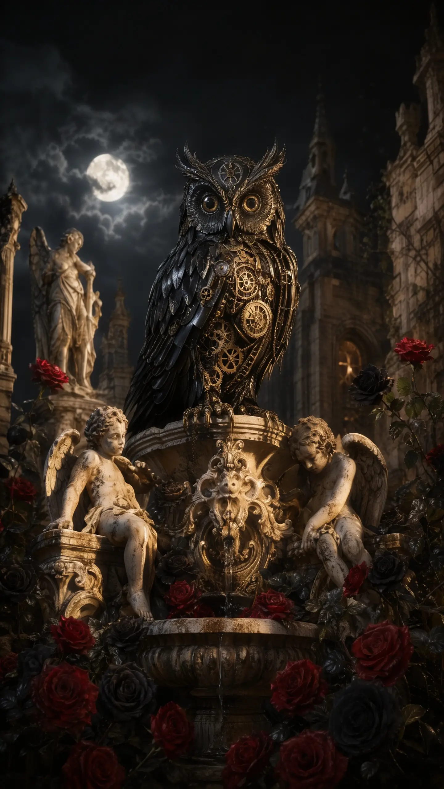 Mechanical obsidian owl on baroque angel fountain at night