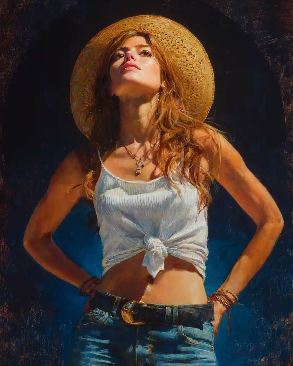 Confident cowgirl in white tank top and denim jeans