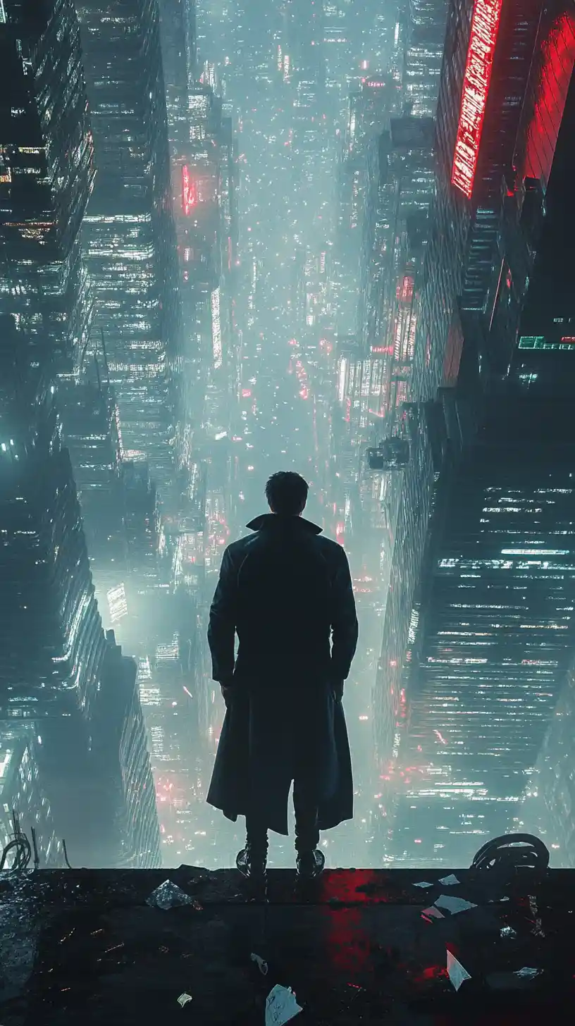 Lone man in cyberpunk alley under towering skyscrapers