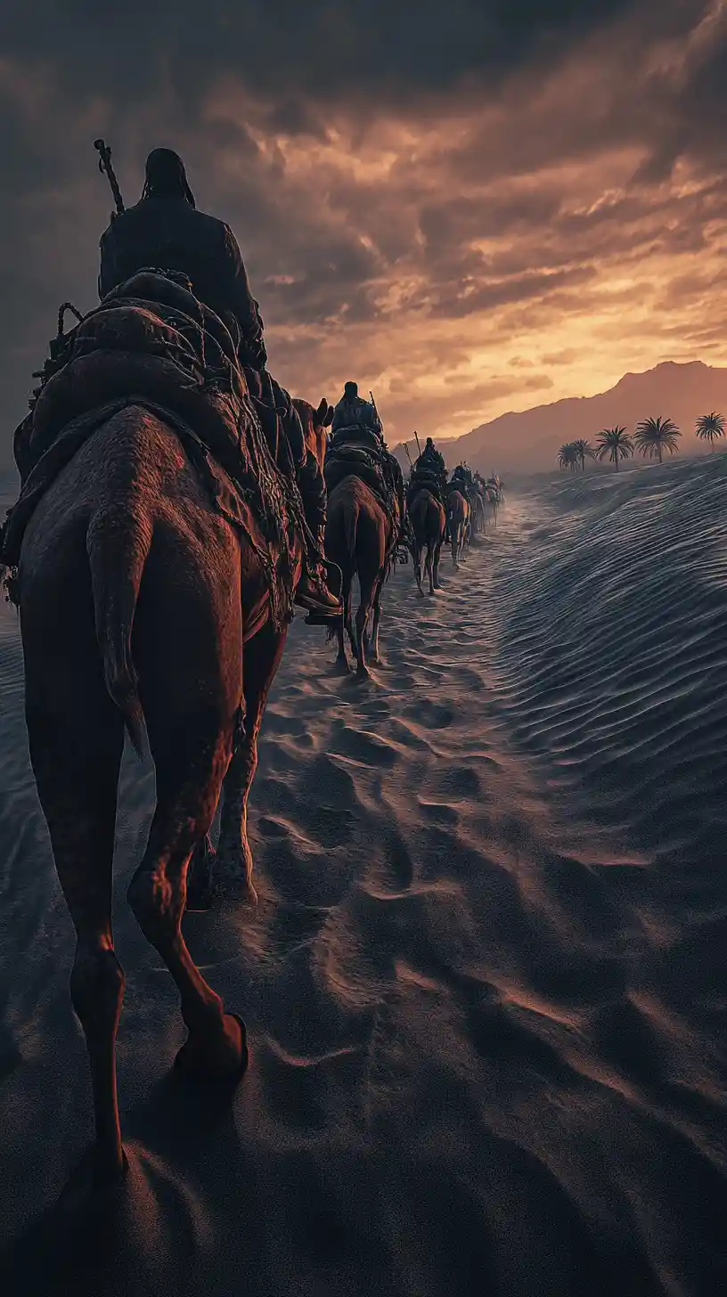 Camel caravan crossing a cursed desert at dusk