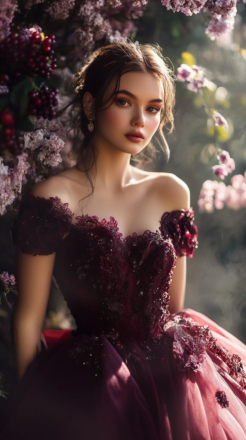 Elegant woman walking in a currant off shoulder gown