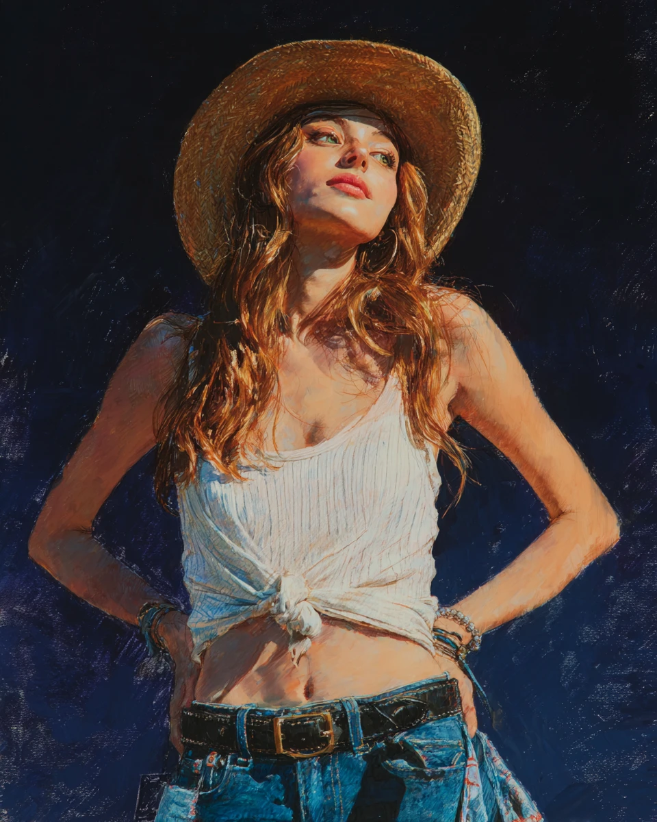 Selbstbewusste Cowgirl in weißem Tanktop und Jeans