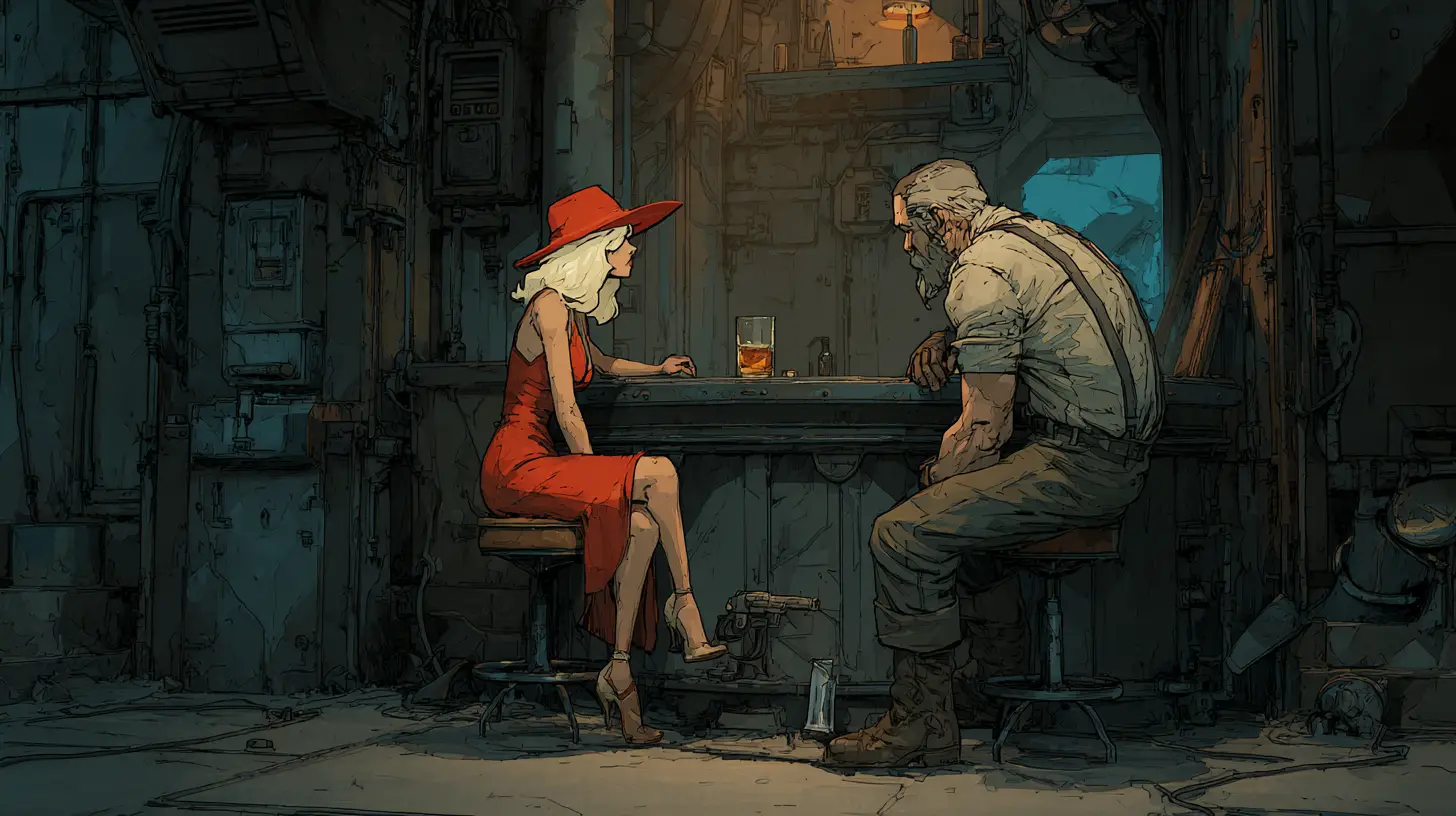 Blond woman in red dress at a dark noir bar