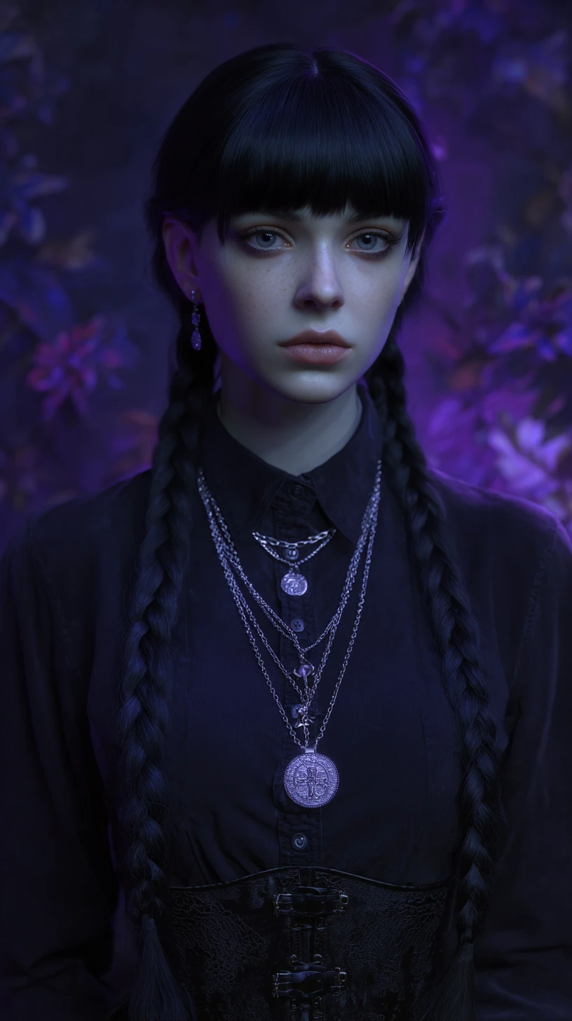 Gothic woman portrait with braids and dark purple glow