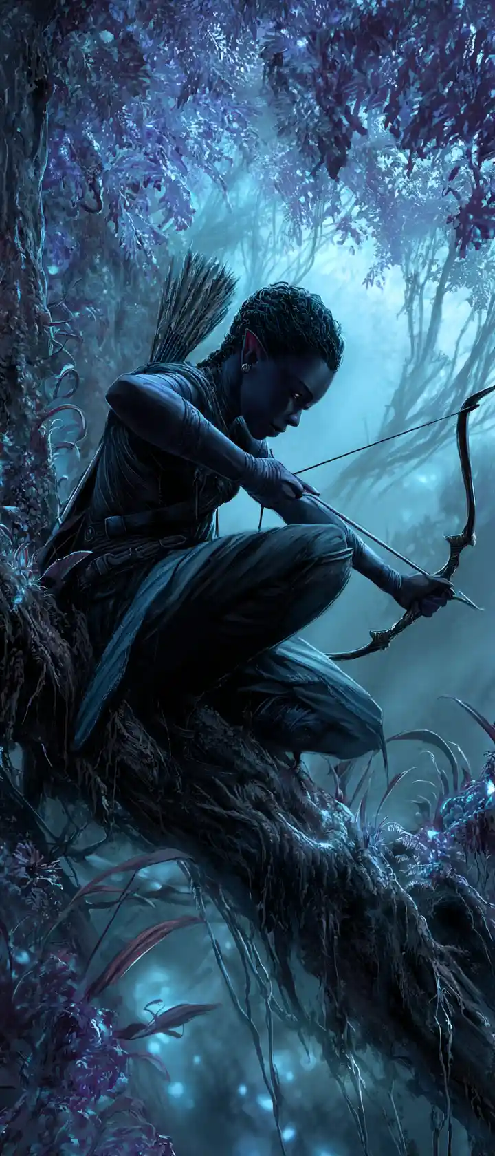 Elf archer poised on a branch in a glowing forest