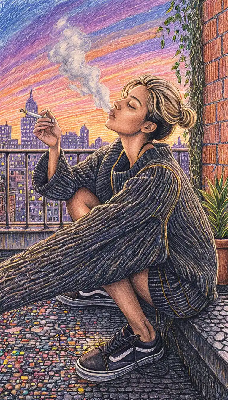 Woman smoking on a rooftop at sunset in colored pencil