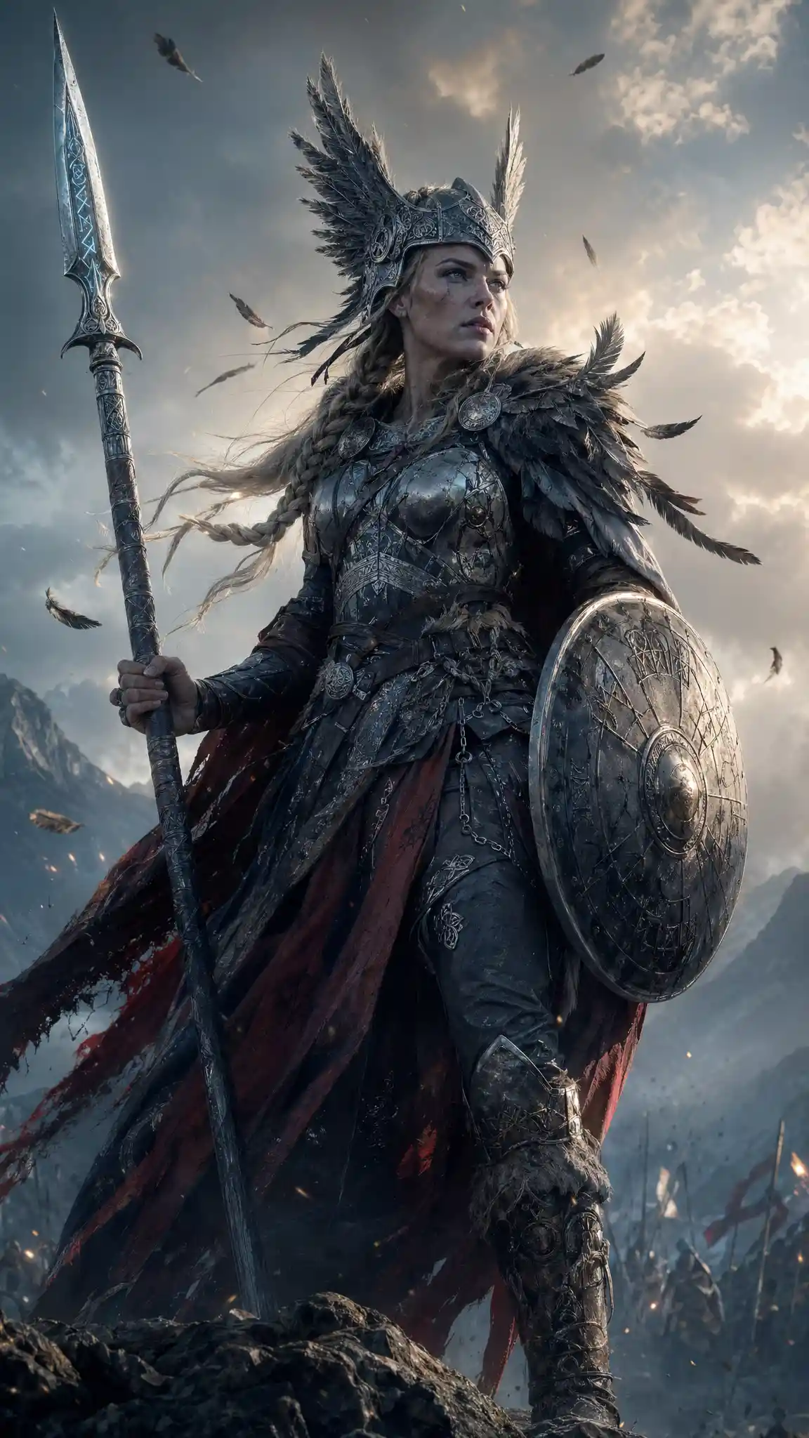 Valkyrie warrior on a rocky ridge at dawn