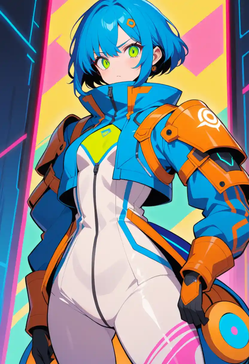 Cyberpunk anime girl with cobalt blue techwear outfit