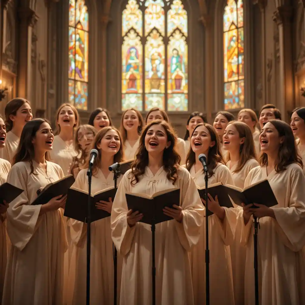 Joyful choir singing together in a warmly lit church