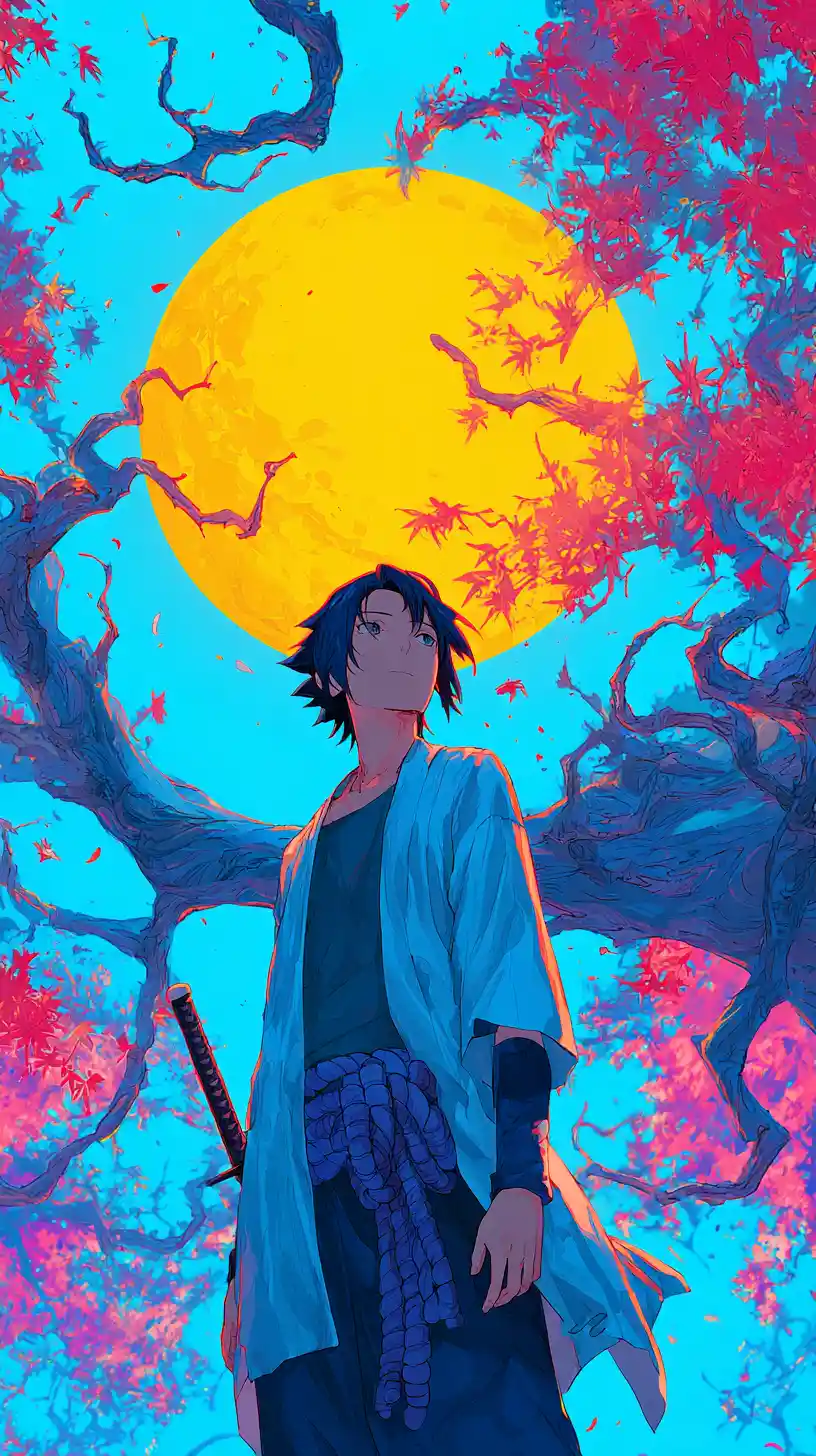Anime swordsman under glowing moon and pink blossoms