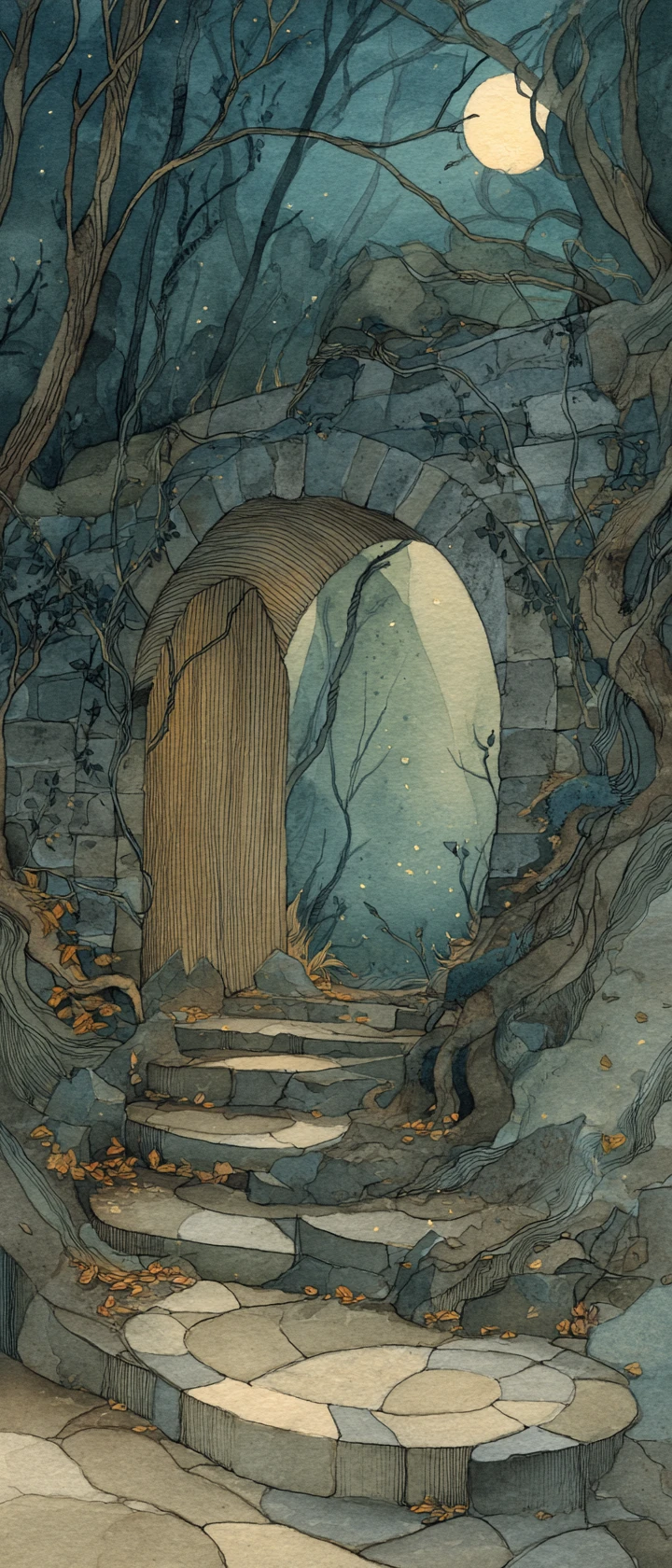 Antiguo arco de piedra que se abre a un bosque de fantasía iluminado por la luna