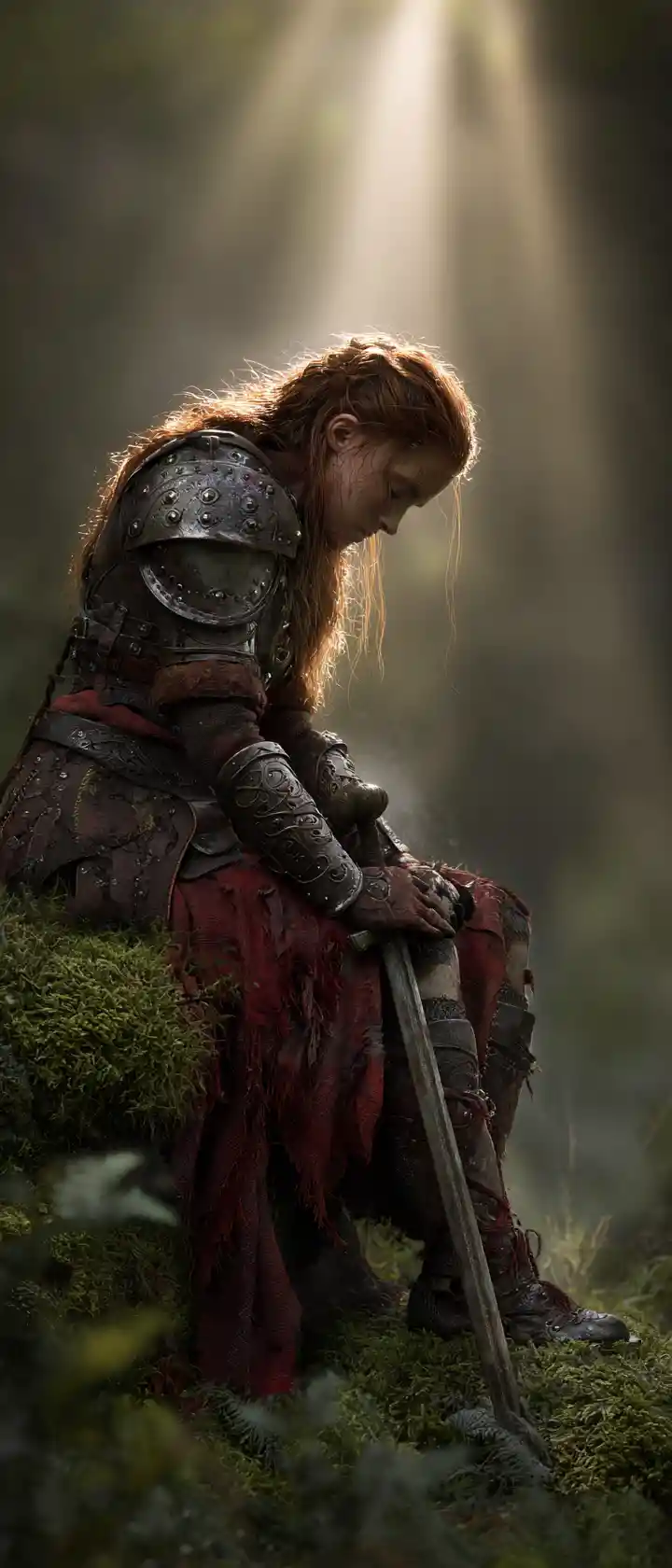 Exhausted viking warrior resting in a misty forest