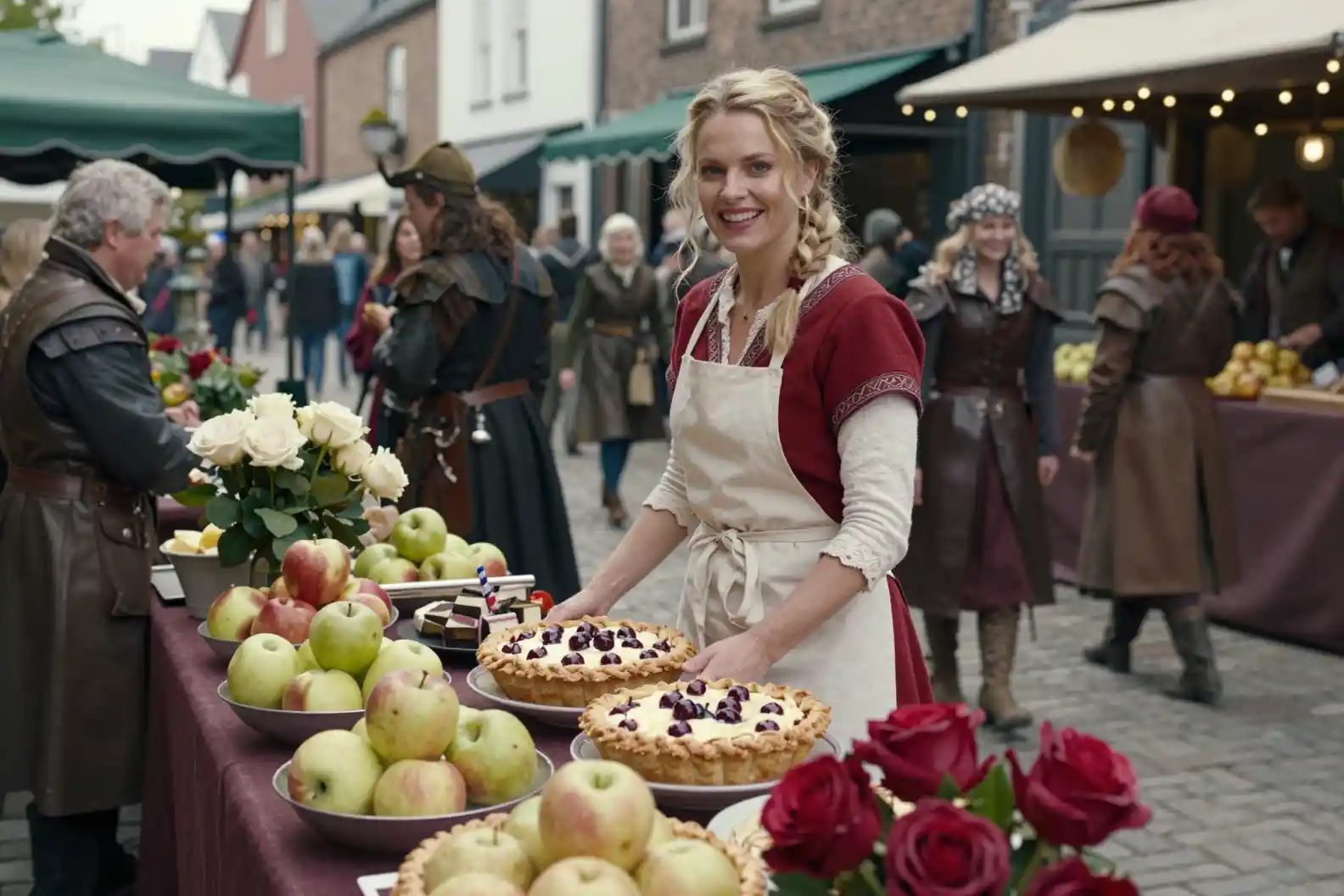 Fantasy woman selling pies at a busy city market stall