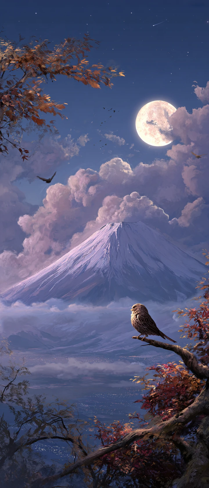 Autumn moon over Mount Fuji with a solitary perched bird