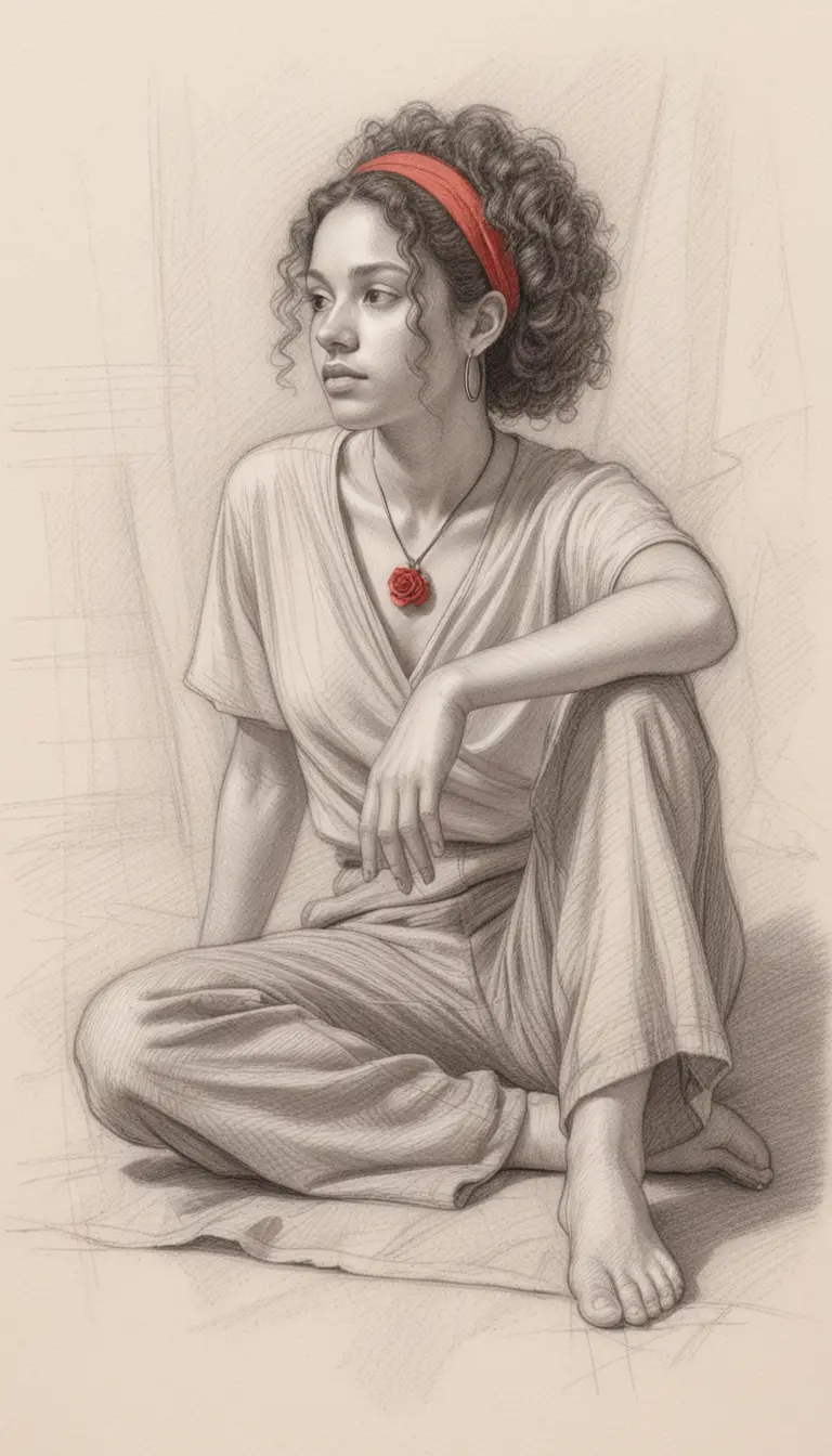 Figure drawing of a seated young woman in contemplative pose