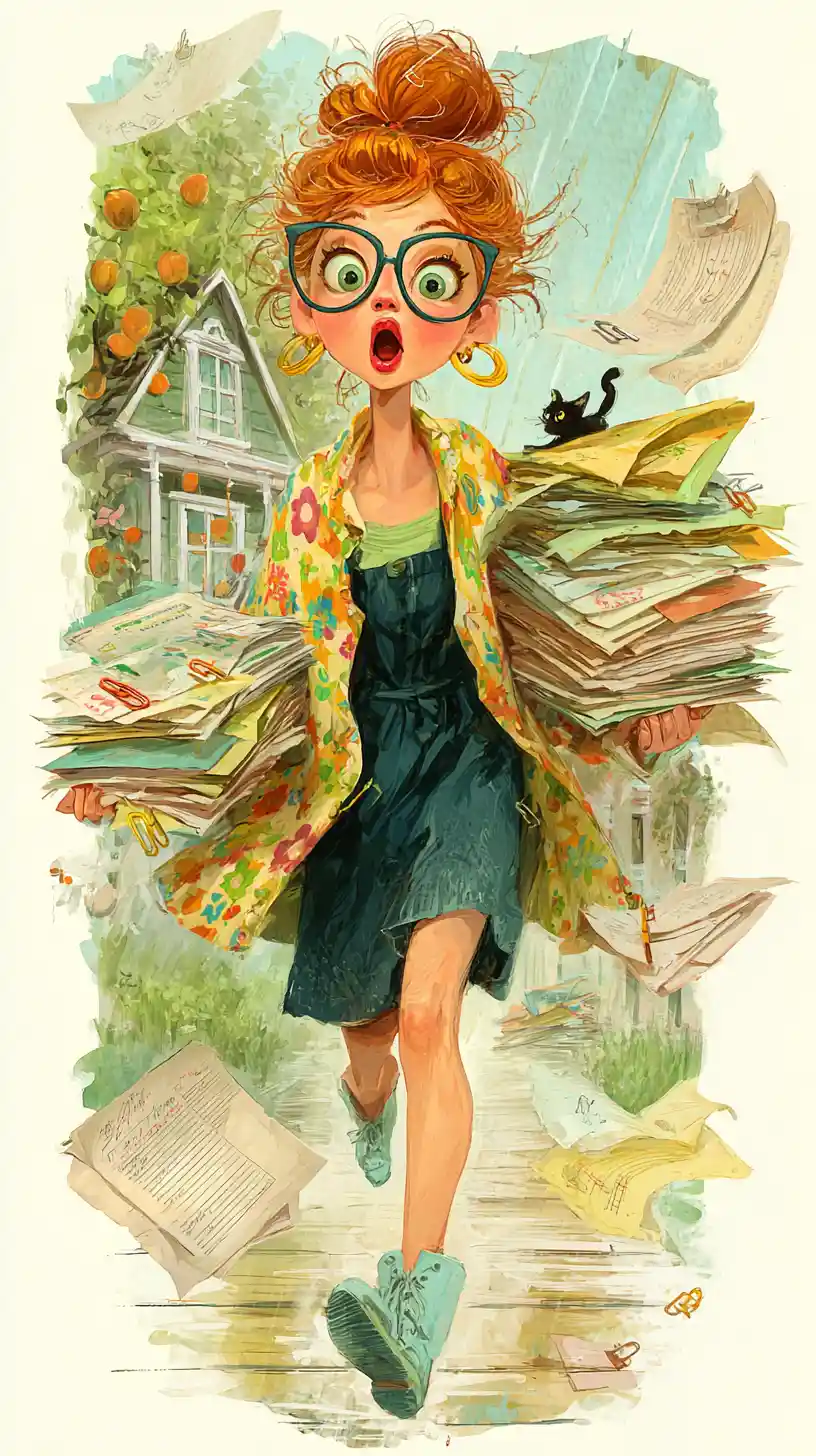 Young woman rushing with flying papers in the rain